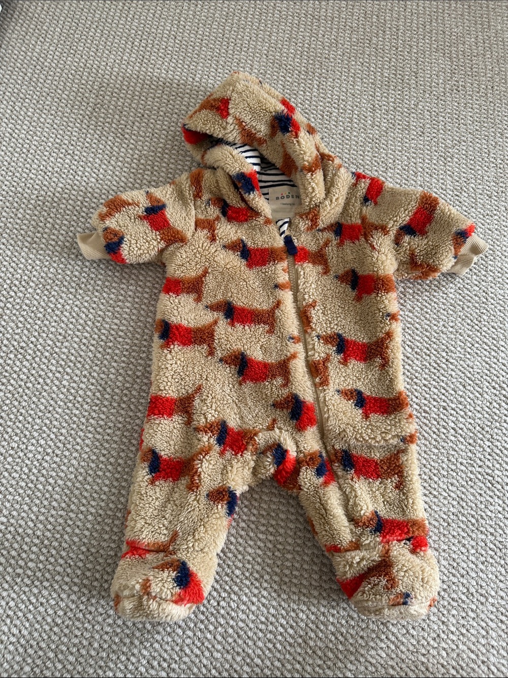 Boden Beige Sherpa Hooded One-Piece with Red and Navy Dog Print